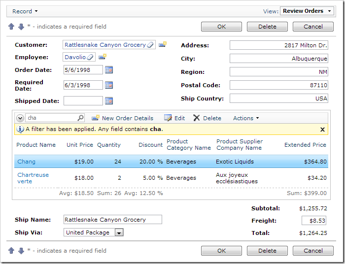 New Custom HTML Table layout of Order Form with a filter applied to the Order Details