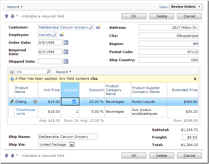 Order Form with Order Details in Data Sheet View