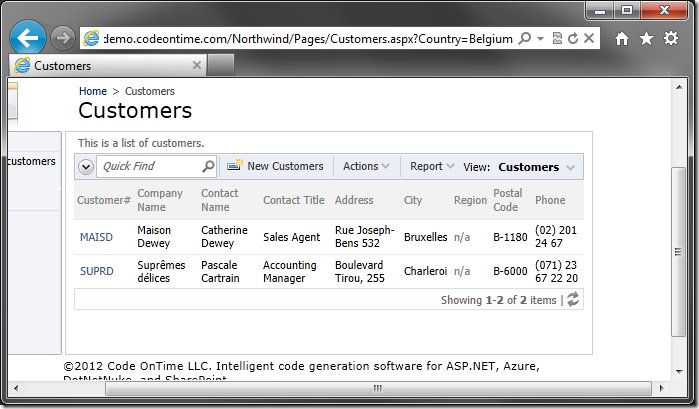 Customers grid view with a field filtered. The filtered field has been hidden.