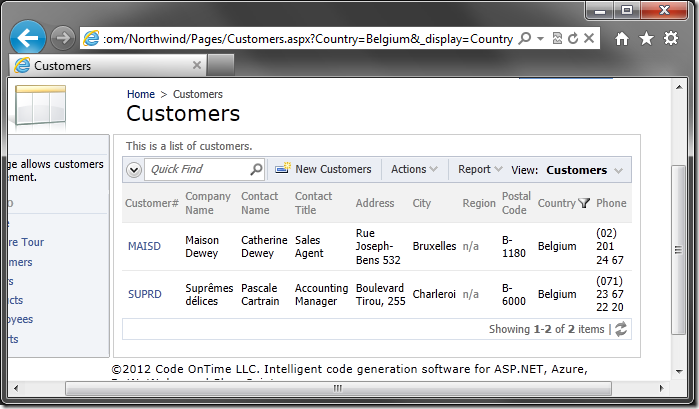 The filtered field has been displayed with the URL parameter 'display'.