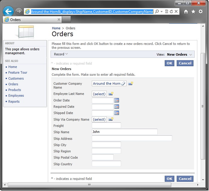 New record form opened with initial values specified in the URL and foreign key fields specified.