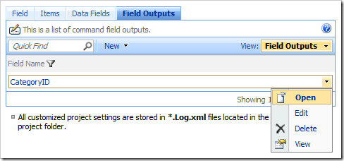 Open context menu action in the Field Outputs tab in the Project Browser.