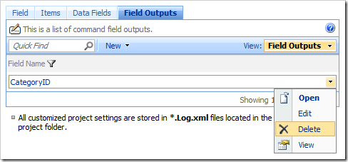 Delete context menu option for a field output in the Project Browser.