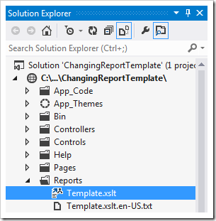 Report template file selected in Visual Studio's 'Solution Explorer'. Report template file selected in Visual Studio's 'Solution Explorer'.
