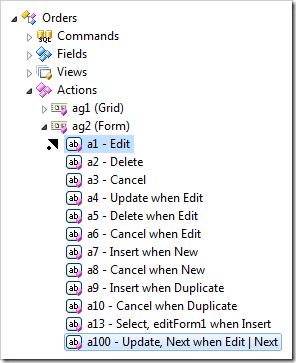 Dropping action 'a100' on the left side of 'a1'.