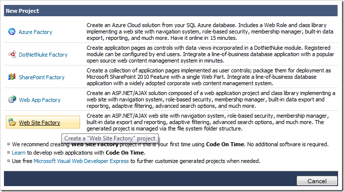 Creating a 'Web Site Factory' project on the New Project screen.