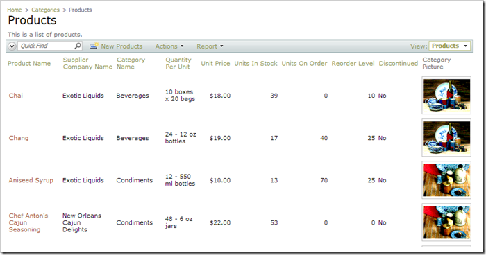 Field 'Category Picture' is populated with pictures from the Categories table.