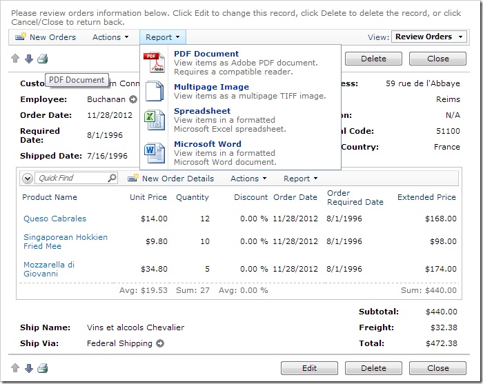 Using the 'PDF Document' action in the 'Report' menu of the action bar to create a report.