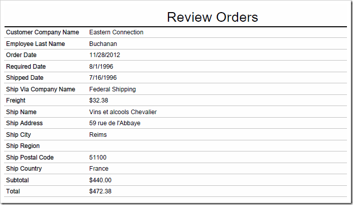 Default report displays a top-down list of fields and field values from the order record.