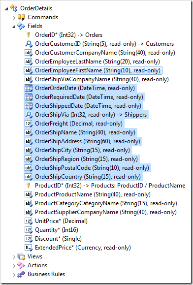 OrderDetails controller with new fields added by the denormalization field map.