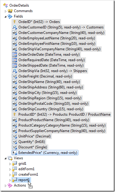 Dropping all fields in OrderDetails controller onto view 'report1'.