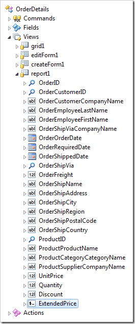 All fields added as data fields in view 'report1'.