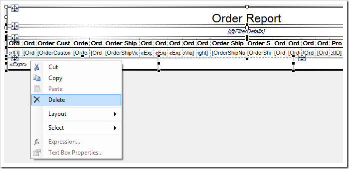 Deleting all default elements from the report template.