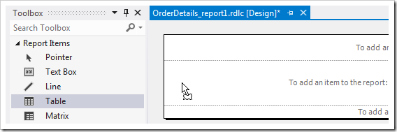 Dropping Table item onto the report template.