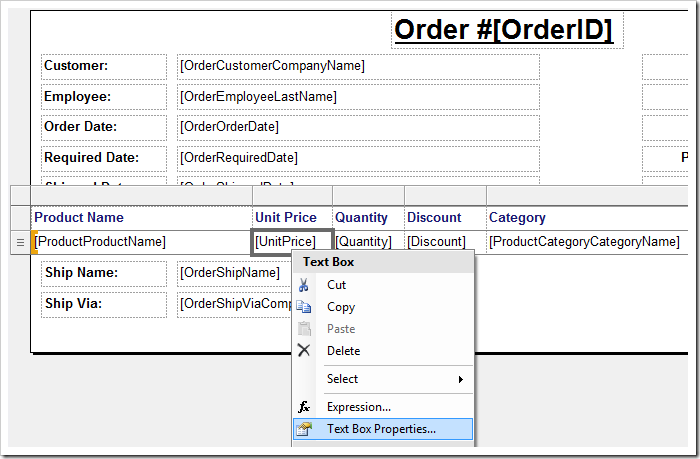 Activating 'Text Box Properties' context menu option for 'UnitPrice' cell. Activating 'Text Box Properties' context menu option for 'UnitPrice' cell.