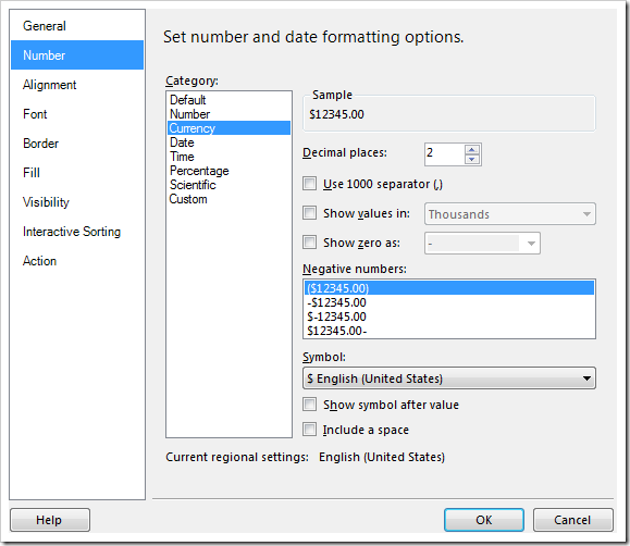 Formatting a field as currency.