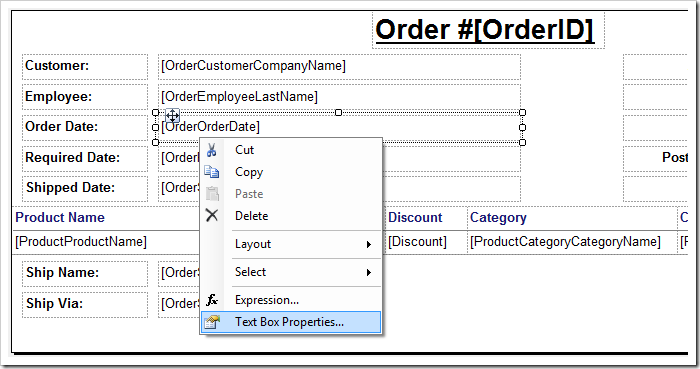 Activating 'Text Box Properties' context menu option for 'OrderDate' field. Activating 'Text Box Properties' context menu option for 'OrderDate' field.