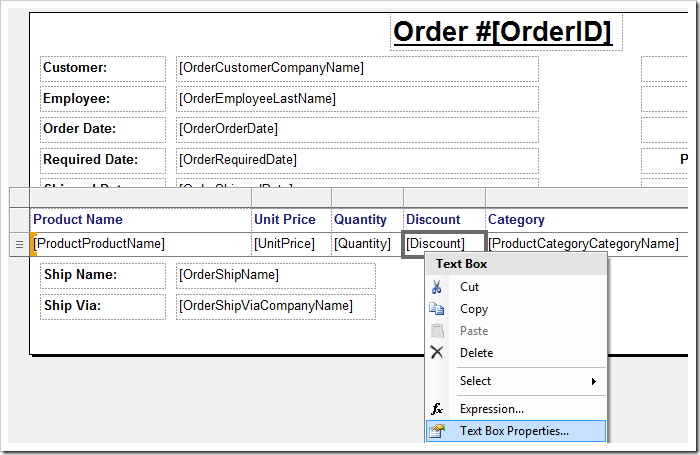 Activating 'Text Box Properties' context menu option for 'Discount' field. Activating 'Text Box Properties' context menu option for 'Discount' field.