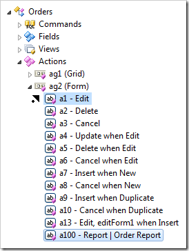 Dropping action 'a100' on the left side of 'a1'.