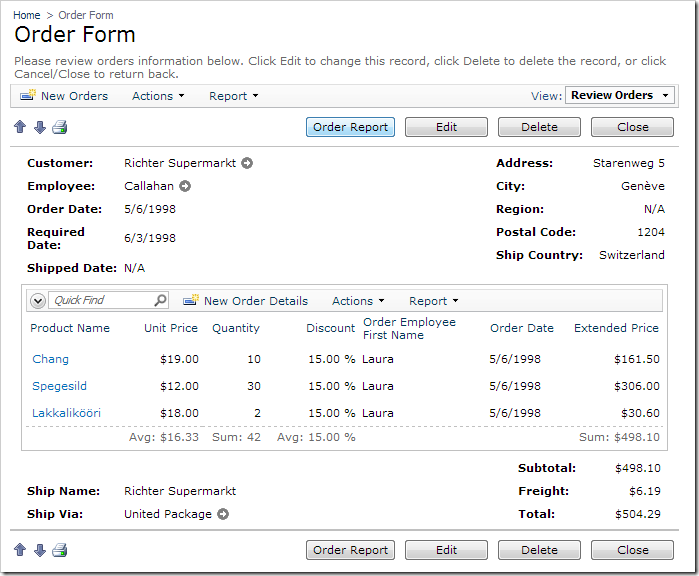 'Order Report' action is now present on the order form