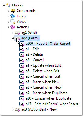 Duplicating action 'a100' in the same action group.