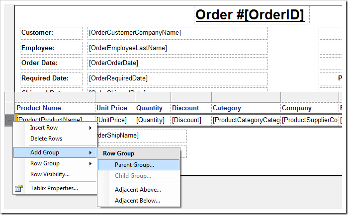 Adding a new parent row group to the tablix.