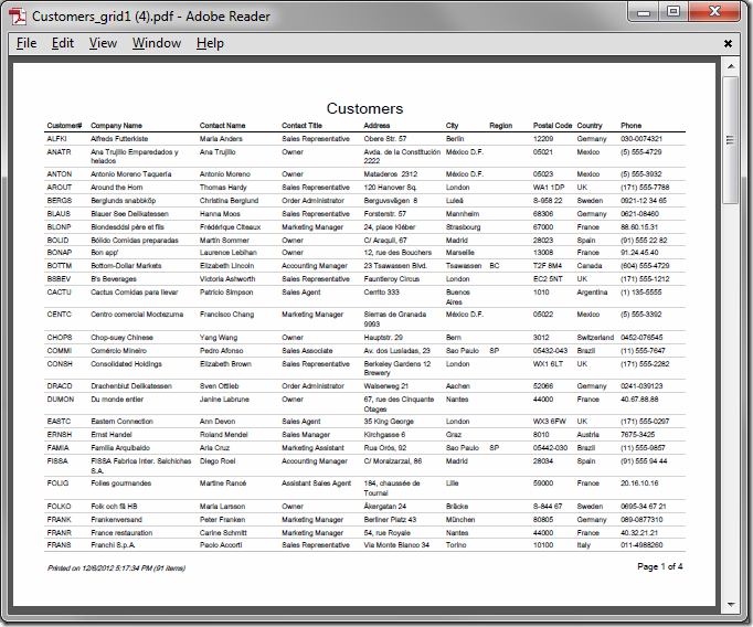 Report created from 'Customers' grid view oriented as landscape.