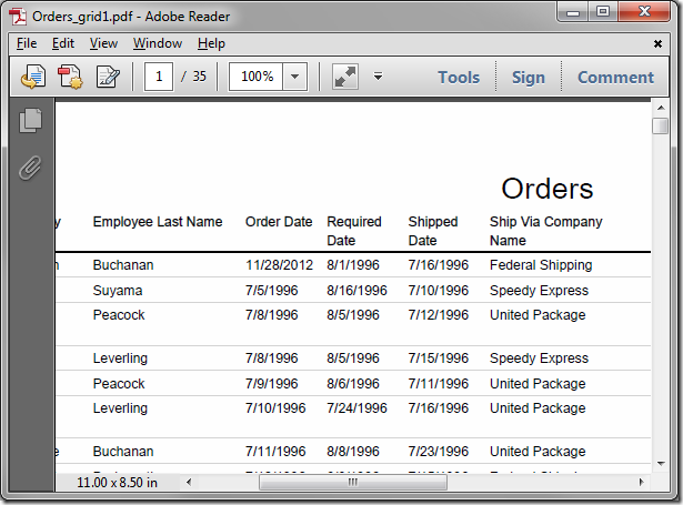 Default report created from Orders view 'grid1'.