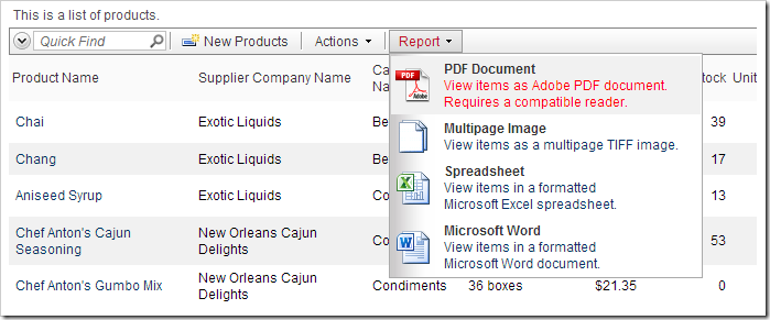 Default Report PDF action on the action bar.