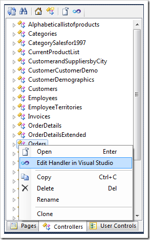 Using the context menu action to edit the handler in Visual Studio.