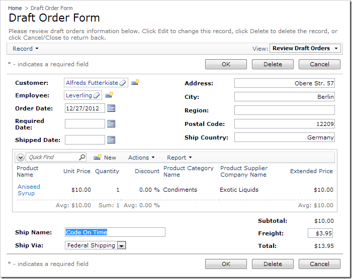 Order Form created from the draft tables.