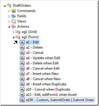 Dropping action 'a100' on the left side of 'a1'.