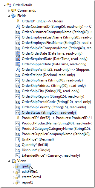 Dropping field 'OrdersStatus' onto 'grid1' view.