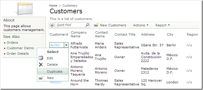 Duplicate context menu action for a row in Customers grid.