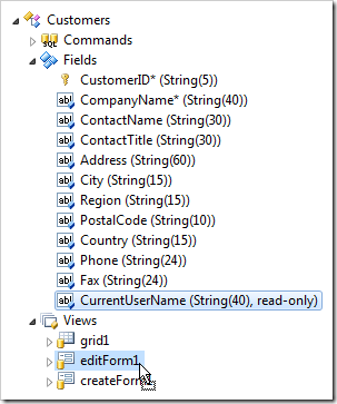 Dropping 'CurrentUserName' field on view 'editForm1'.