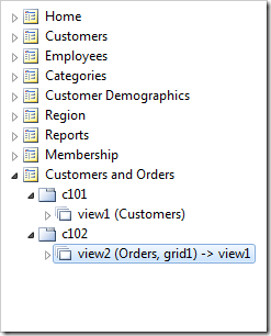 Master-detail relationship created between view1 and view2.