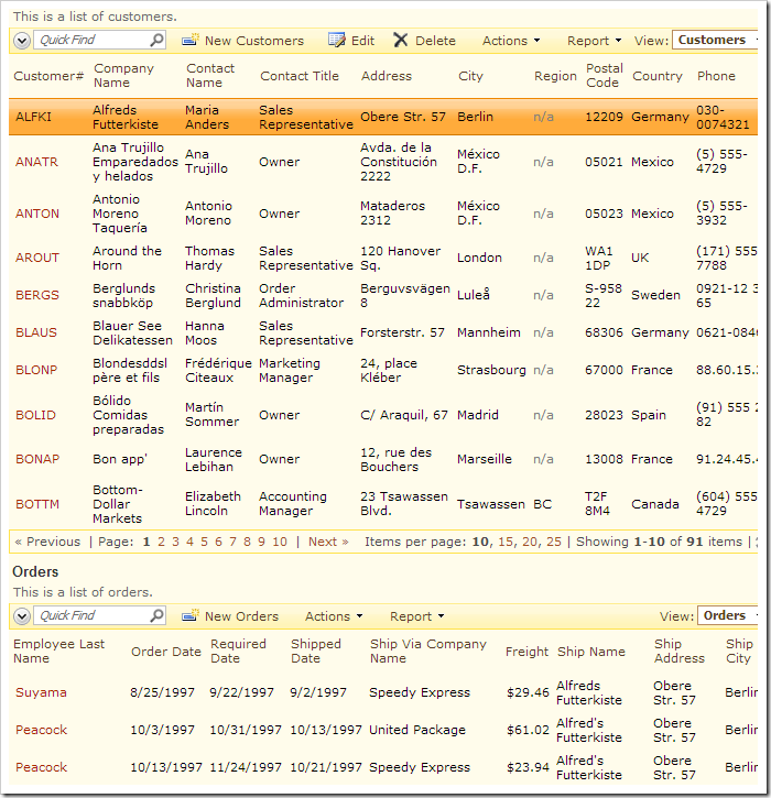 A list of orders filtered by 'CustomerID' is displayed below.