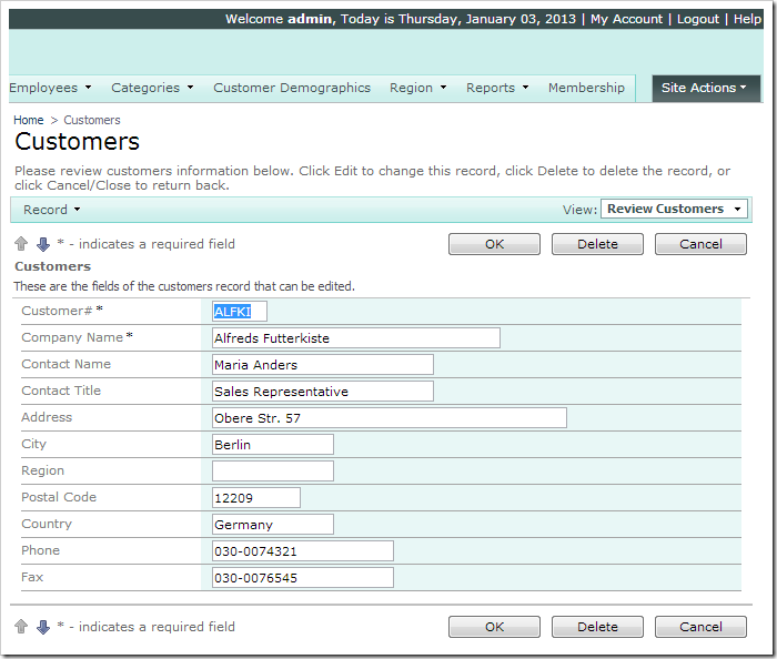 Alladdress fields displayed in grid1 and Phone is editable on Customers page when logged in as 'admin'.