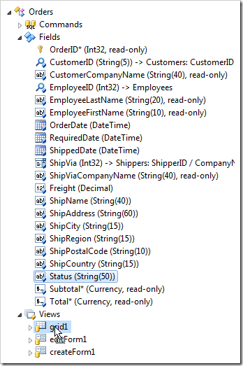 Dropping 'Status' field onto 'grid1' view of Orders controller.