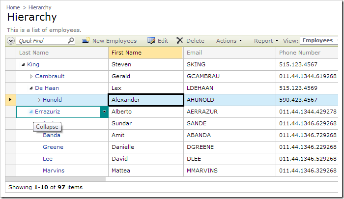 Hierarchy in the Oracle sample database.