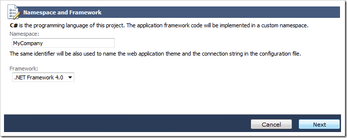 Namespace and Framework page of Code On Time project wizard.