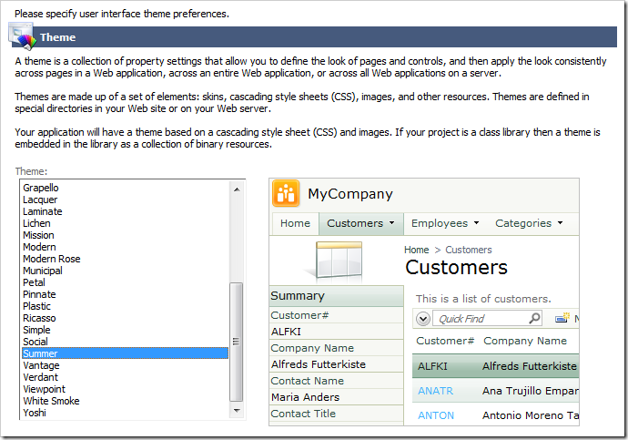 Selecting the 'Summer' theme in the Project Wizard.