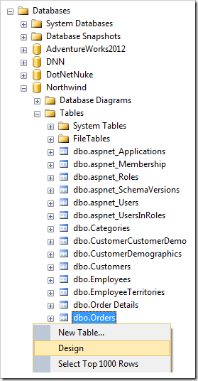 Designing the Orders table of the Northwind database.