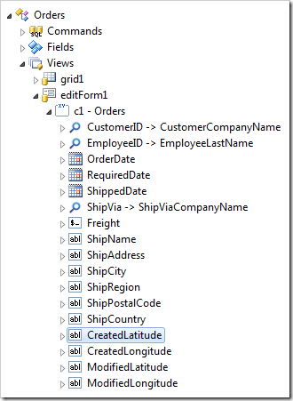 'CreatedLatitude' data field of view 'editForm1' in the Orders controller.