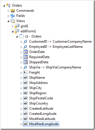 'ModifiedLongitude' data field of view 'editForm1' in the Orders controller.