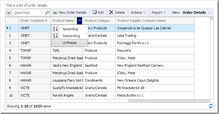 Unfreezing the Product Name column.