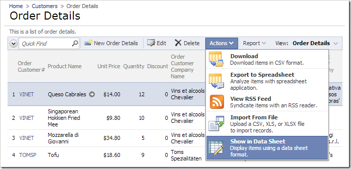 Changing the grid view to data sheet view.