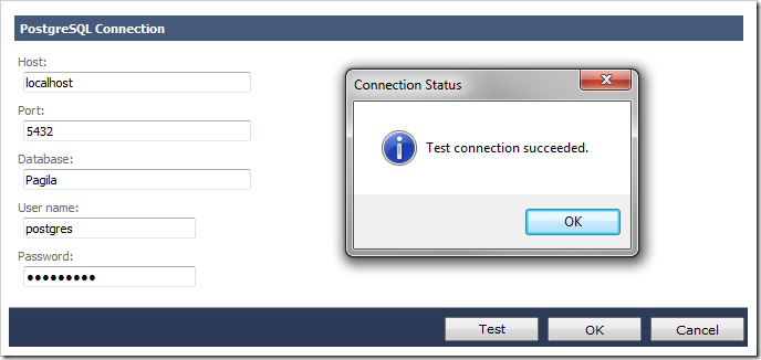 Successful test of PostgreSQL connection string.