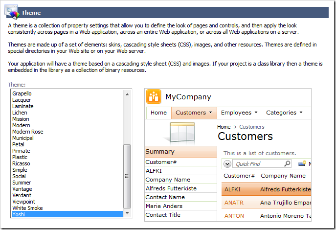 Selecting 'Yoshi' theme on the Theme page of the Project Wizard.