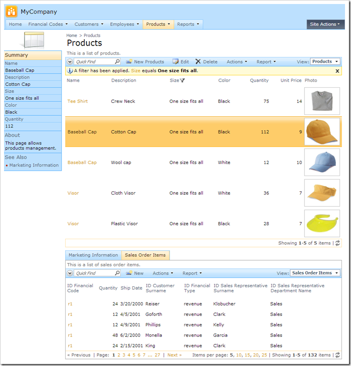 Default Products page for SqlAnywhere demo database web application.